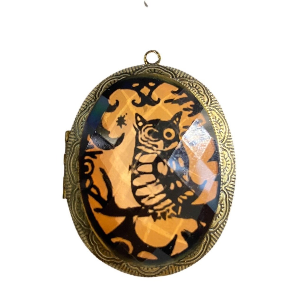 Black owl pale orange‎ backing brass tone photo locket pendant